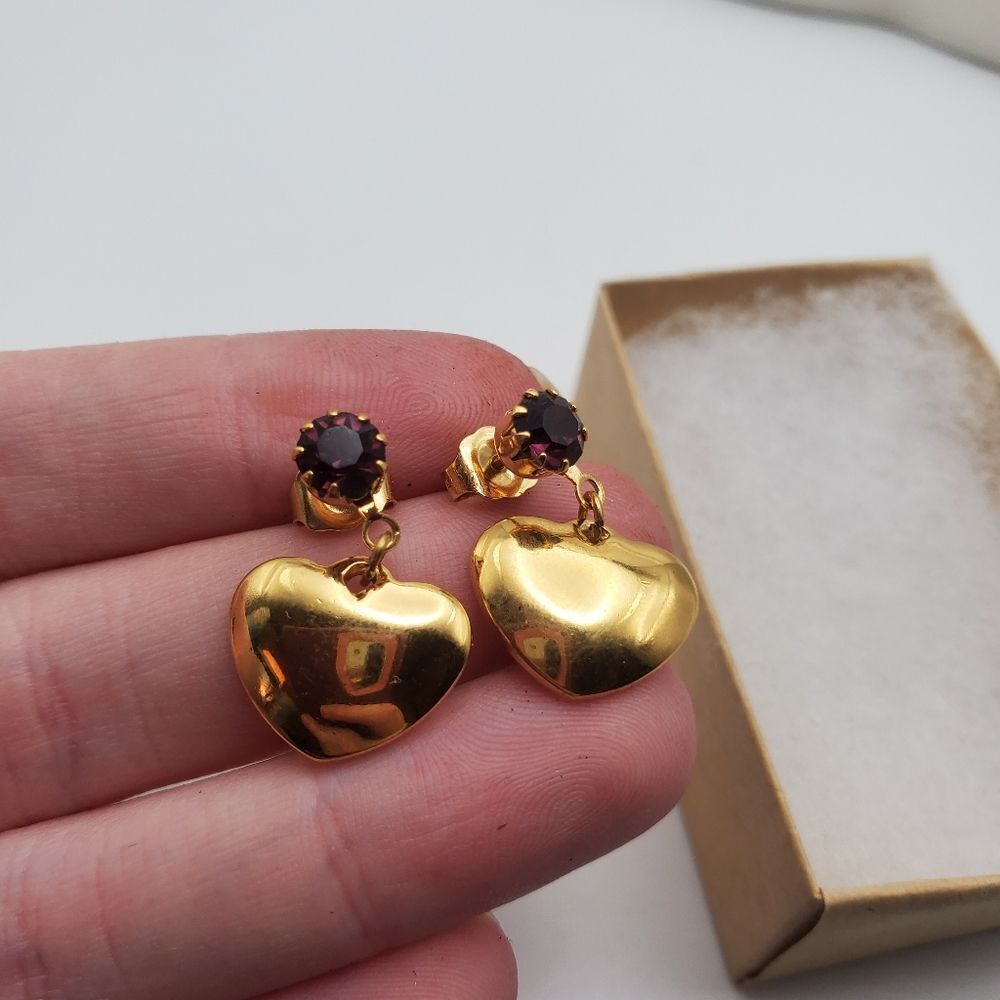 Garnet crystal gold plated heart earrings for pierced‎ ears